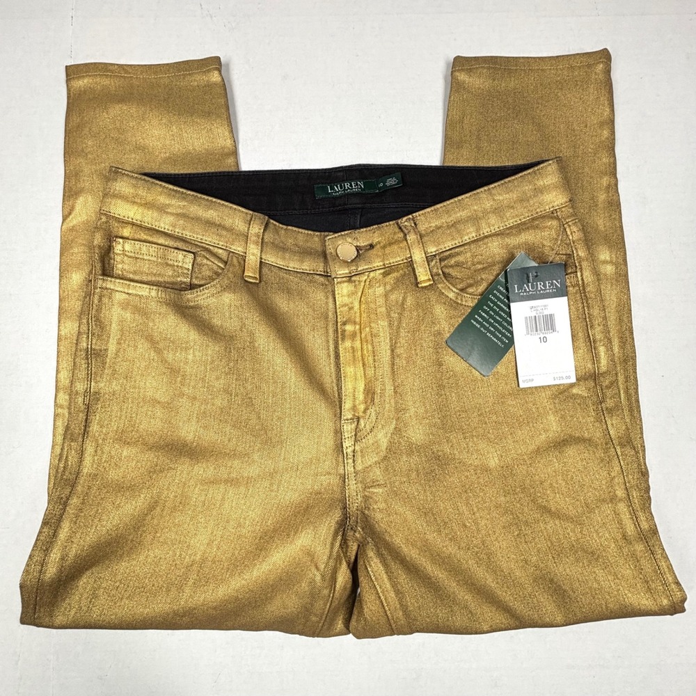 Lauren Ralph Lauren Gold Metallic Cropped Skinny Jeans Womens 10 30X23" Sexy NWT